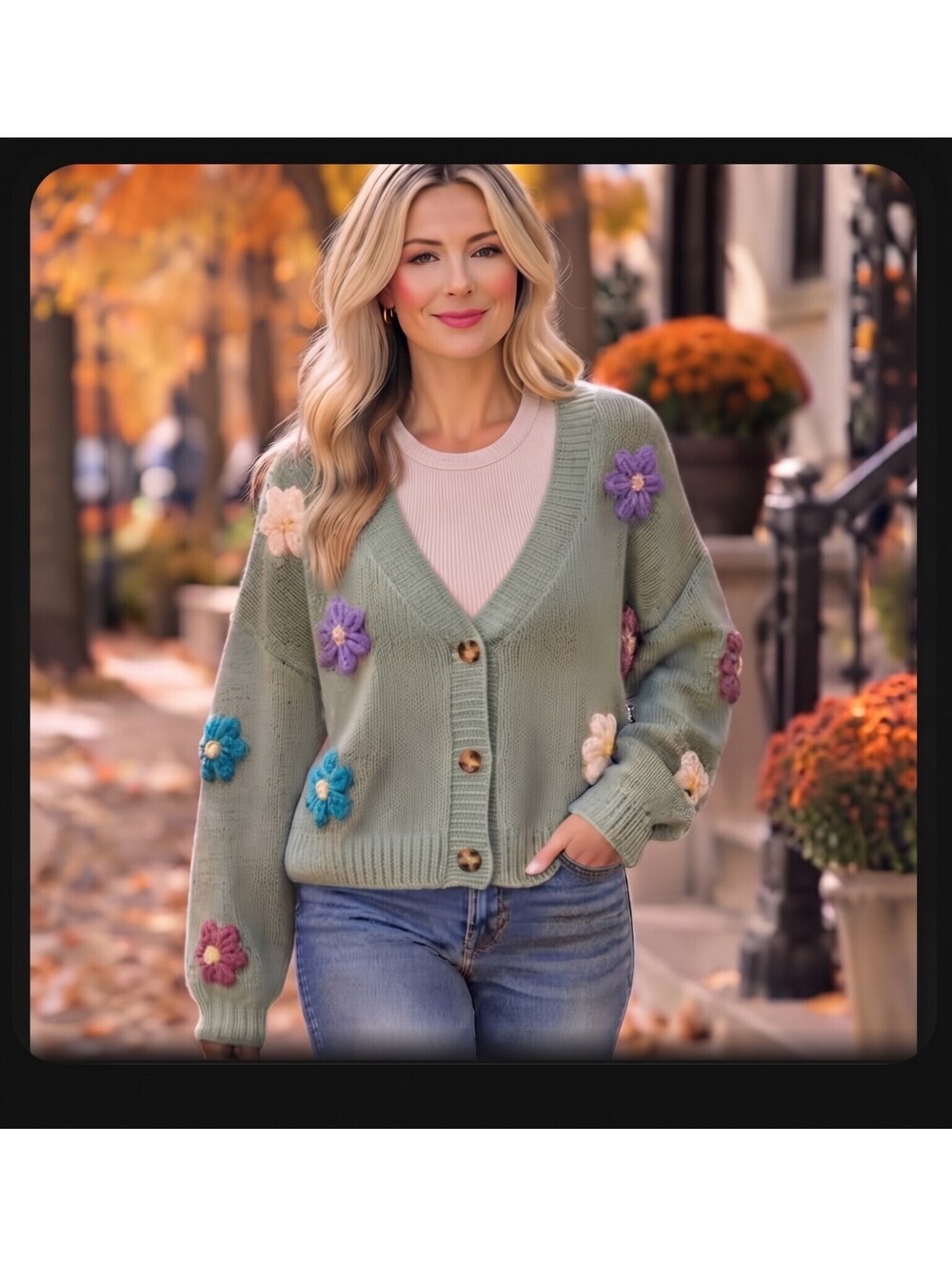 Luna Ivy Women's Large Mint Green 3D Floral Applique Button Cardigan Sweater